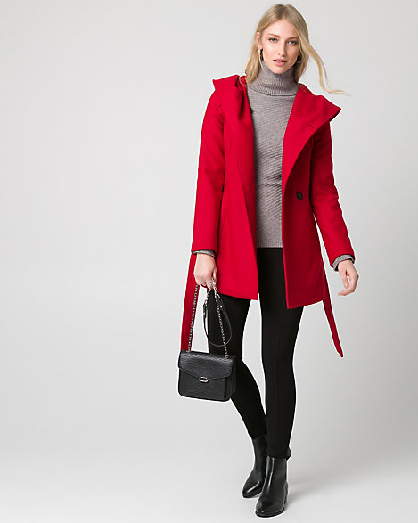 Le Chateau - An asymmetrical zip-front, a cozy hood and cinched-waist bring effortless style to a warm cashmere-like coat. Cashmere-like. Asymmetrical zip-front, long sleeves. Hooded, belted. Semi-fitted, straight hem. 31" from high shoulder point. 95% Polyester 2% Spandex 3% Rayon. Made in Canada.