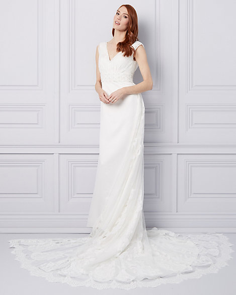 Embellished Lace Satin V Neck Gown Le Chateau