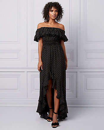Dot Print Off-the-Shoulder Ruffle Gown