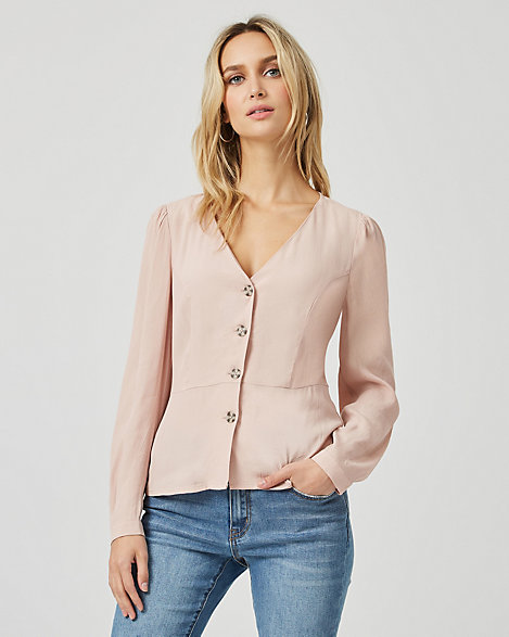 Crêpe Button Front Peplum Blouse | LE 