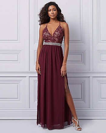Burgundy Prom Dress Beaded Chiffon Top