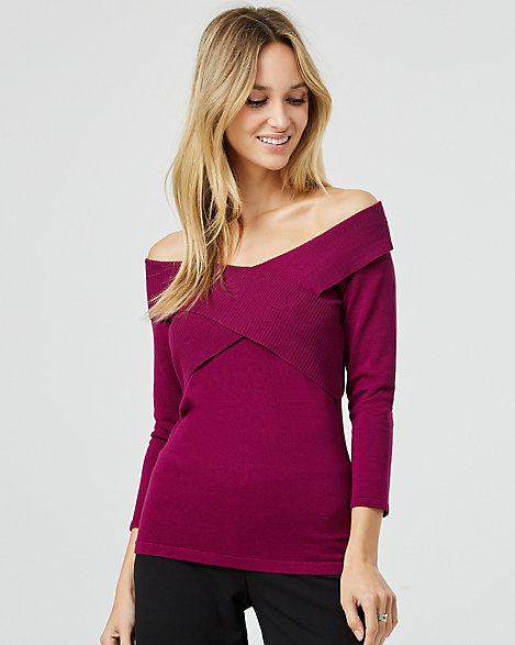 off the shoulder criss cross sweater